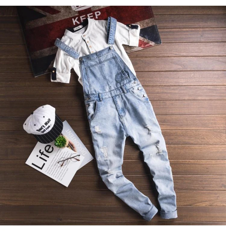 Men's Light Blue Slim Snow Washed Denim Bib Overalls for Tall Big Plus Size Hole Ripped Suspenders Jumpsuits Cargo Torn Jeans