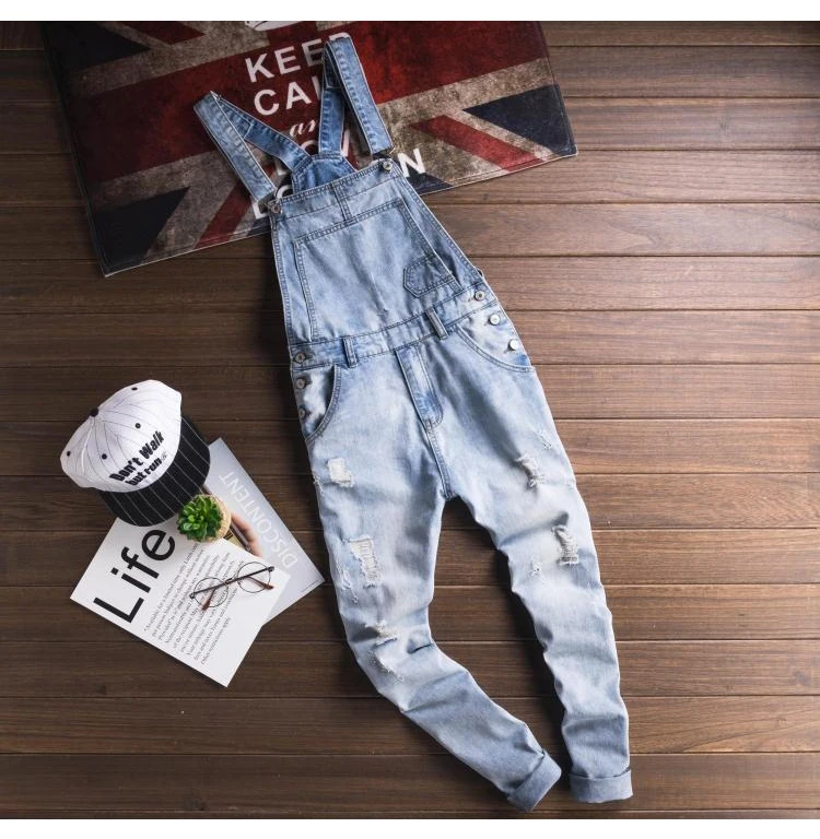 Men's Light Blue Slim Snow Washed Denim Bib Overalls for Tall Big Plus Size Hole Ripped Suspenders Jumpsuits Cargo Torn Jeans