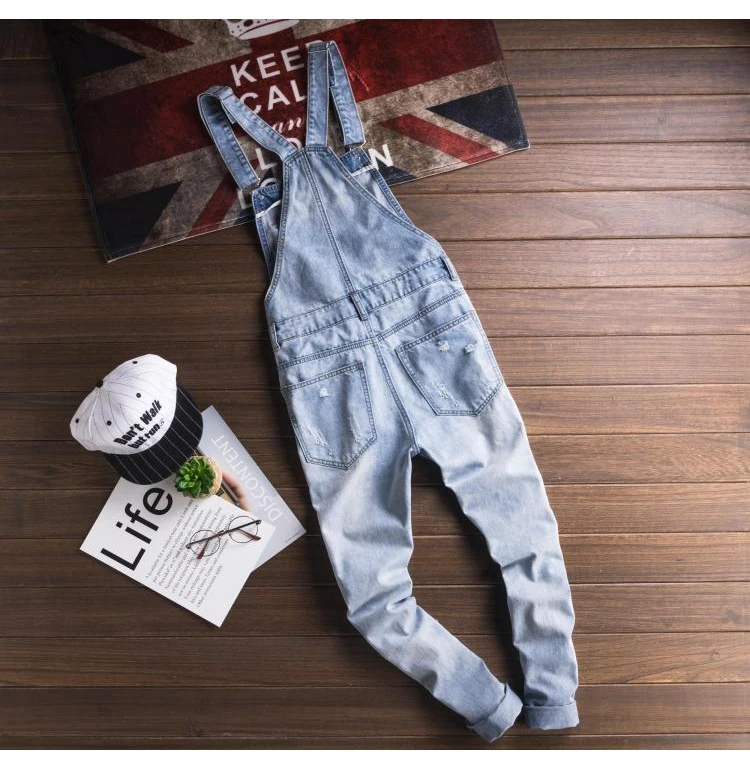 Men's Light Blue Slim Snow Washed Denim Bib Overalls for Tall Big Plus Size Hole Ripped Suspenders Jumpsuits Cargo Torn Jeans