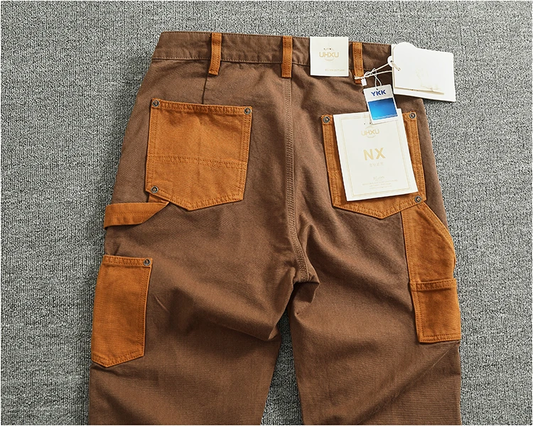 Autumn and winter heavy high-end vintage overalls men bead canvas grain color patchwork logging motorcycle casual pants tide