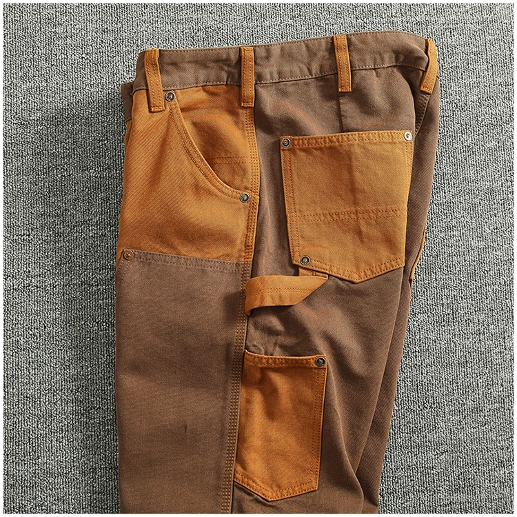 Autumn and winter heavy high-end vintage overalls men bead canvas grain color patchwork logging motorcycle casual pants tide