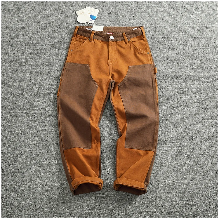 Autumn and winter heavy high-end vintage overalls men bead canvas grain color patchwork logging motorcycle casual pants tide