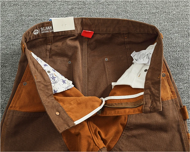 Autumn and winter heavy high-end vintage overalls men bead canvas grain color patchwork logging motorcycle casual pants tide