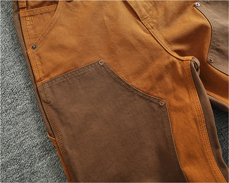 Autumn and winter heavy high-end vintage overalls men bead canvas grain color patchwork logging motorcycle casual pants tide