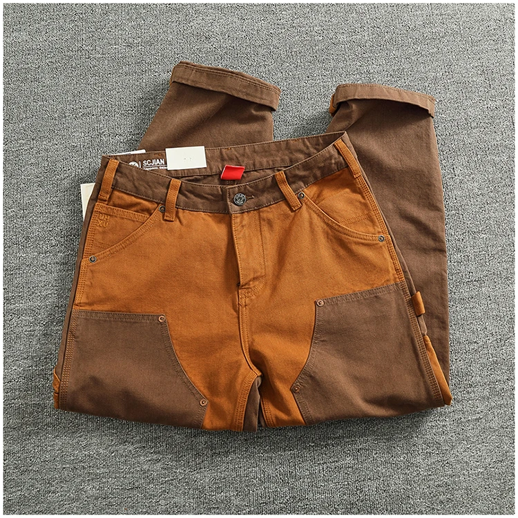 Autumn and winter heavy high-end vintage overalls men bead canvas grain color patchwork logging motorcycle casual pants tide