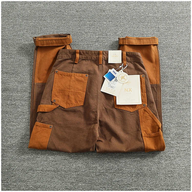 Autumn and winter heavy high-end vintage overalls men bead canvas grain color patchwork logging motorcycle casual pants tide