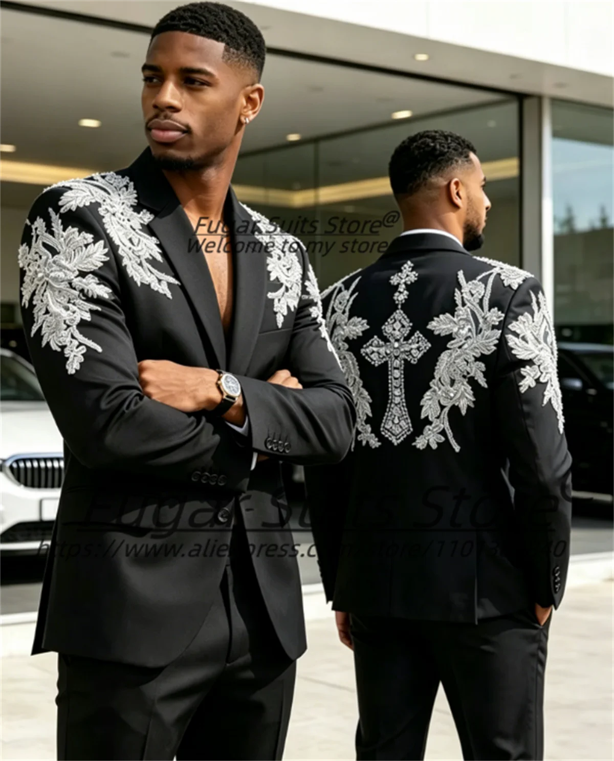 High-end Shiny Black Men Suits Customized Slim Fit Notched Lapel Groom Wedding Tuxedos Gorgeous Rhinestone Embroidery 2 Pcs Sets