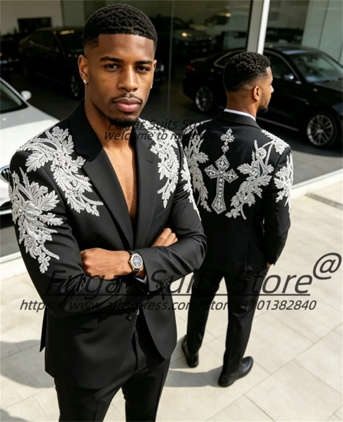 High-end Shiny Black Men Suits Customized Slim Fit Notched Lapel Groom Wedding Tuxedos Gorgeous Rhinestone Embroidery 2 Pcs Sets