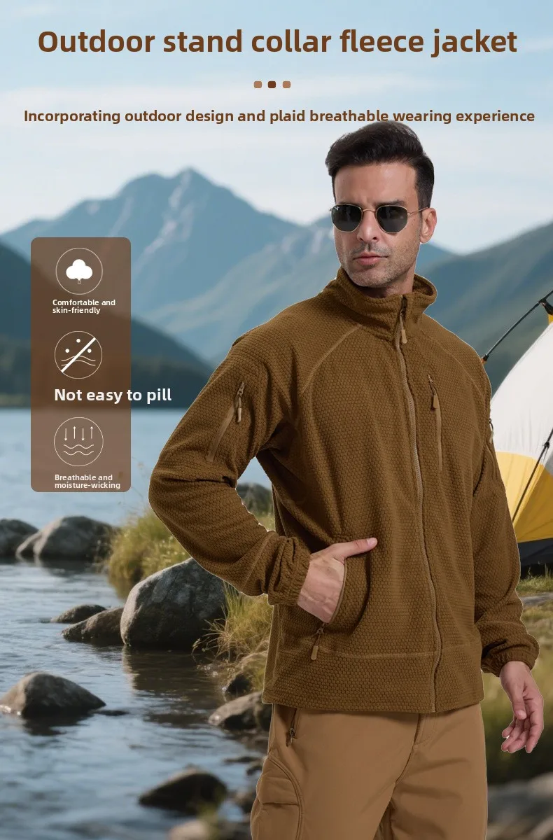 Football Cap Fleece Outdoor Cycling Hiking Fishing, Camping Sport, Stand-up Collar Fleece Jacket, Tactical Warm-weather Coat