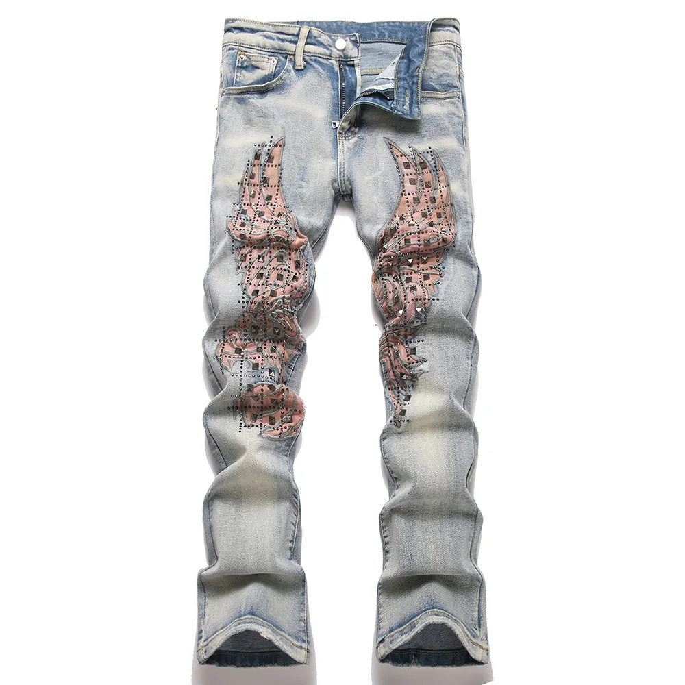 Men's Wing Patch Boot Cut Jeans Rivet Crystal Slim Flared Pants Embroidery Vintage Blue Denim Trousers