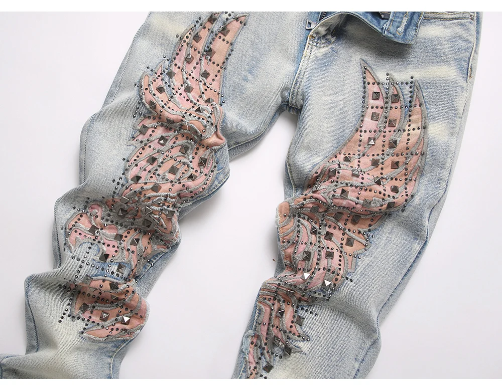 Men's Wing Patch Boot Cut Jeans Rivet Crystal Slim Flared Pants Embroidery Vintage Blue Denim Trousers