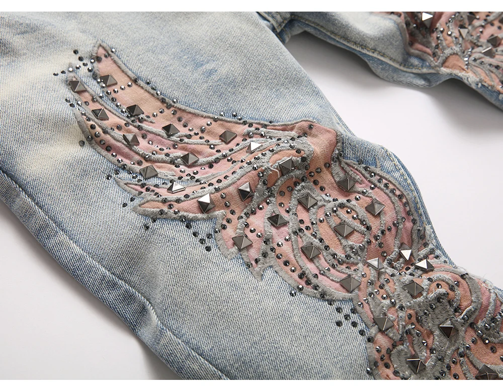 Men's Wing Patch Boot Cut Jeans Rivet Crystal Slim Flared Pants Embroidery Vintage Blue Denim Trousers
