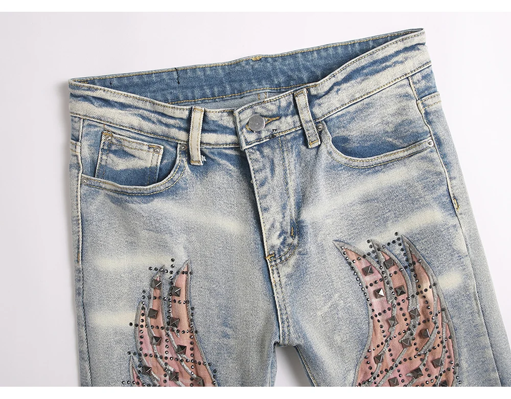 Men's Wing Patch Boot Cut Jeans Rivet Crystal Slim Flared Pants Embroidery Vintage Blue Denim Trousers