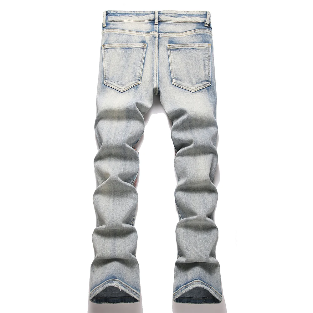 Men's Wing Patch Boot Cut Jeans Rivet Crystal Slim Flared Pants Embroidery Vintage Blue Denim Trousers