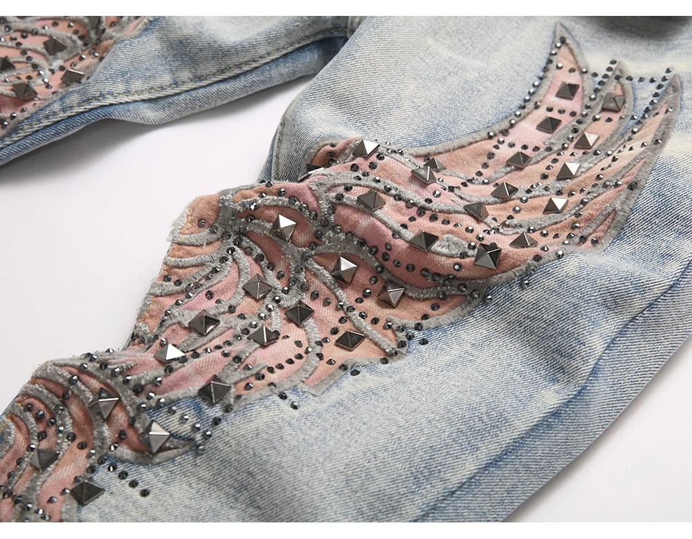 Men's Wing Patch Boot Cut Jeans Rivet Crystal Slim Flared Pants Embroidery Vintage Blue Denim Trousers