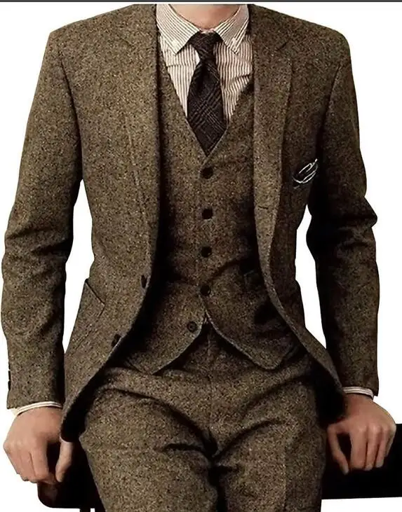Brown Tweed Men Suits 3 Pieces Formal Business Suit Set Custom Gentle-Mens Groom Wedding Dress Blazer Suits(Jacket+Pants+Vest)