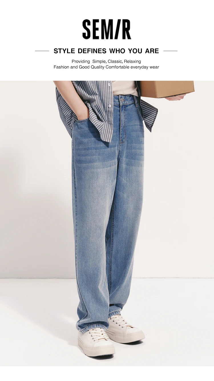 Semir Men Pants Denim Cool Feeling Back Elastic Waist Loose Tapered Leg Commute Style 2026 Summer Casual Top