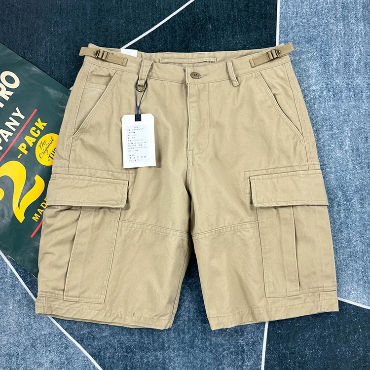 Men's Heavyweight 100% Cotton American Vintage Washed Cargo Shorts Summer Japanese Streetwear Multi-Pocket Mid-Length Workwear