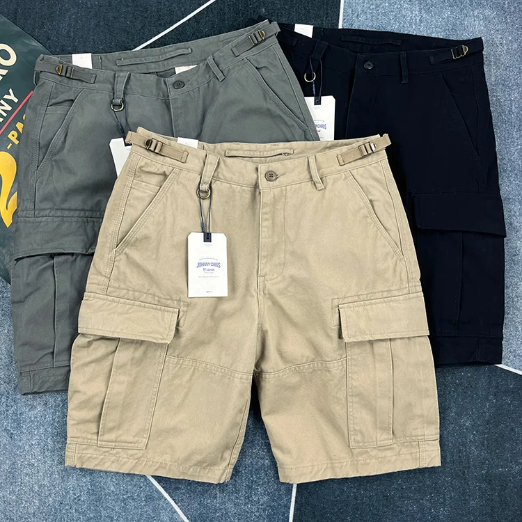 Men's Heavyweight 100% Cotton American Vintage Washed Cargo Shorts Summer Japanese Streetwear Multi-Pocket Mid-Length Workwear