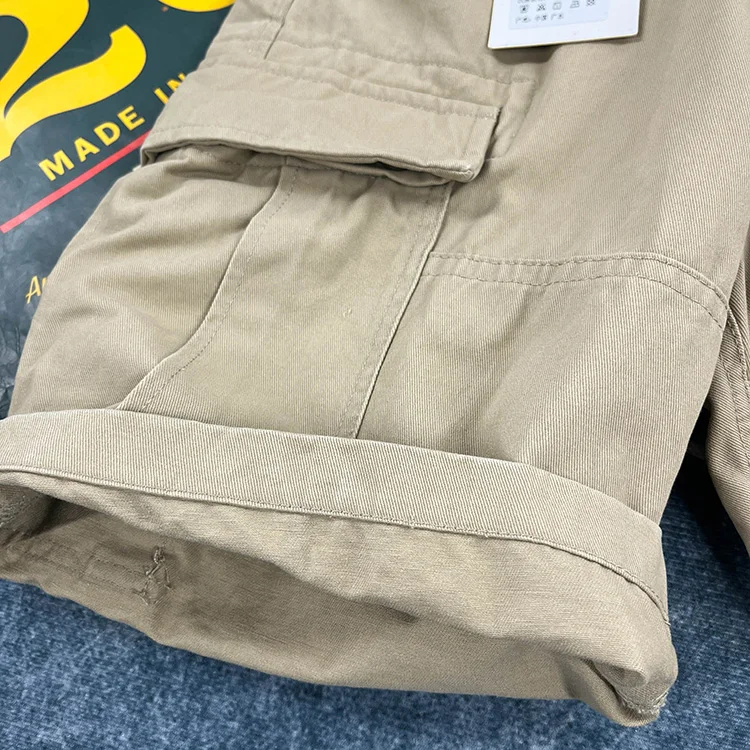 Men's Heavyweight 100% Cotton American Vintage Washed Cargo Shorts Summer Japanese Streetwear Multi-Pocket Mid-Length Workwear