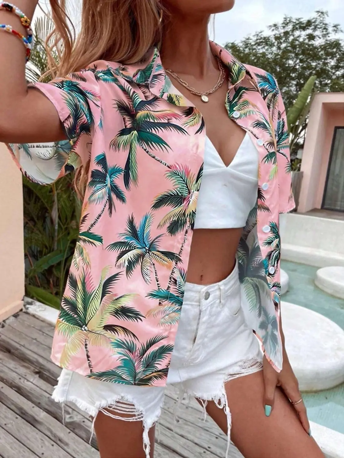 Women's Fashion Shirt Summer Short Sleeve 3D Printed Coconut Tree Pattern Print Street Tie Dye Ladies Casual Shirt