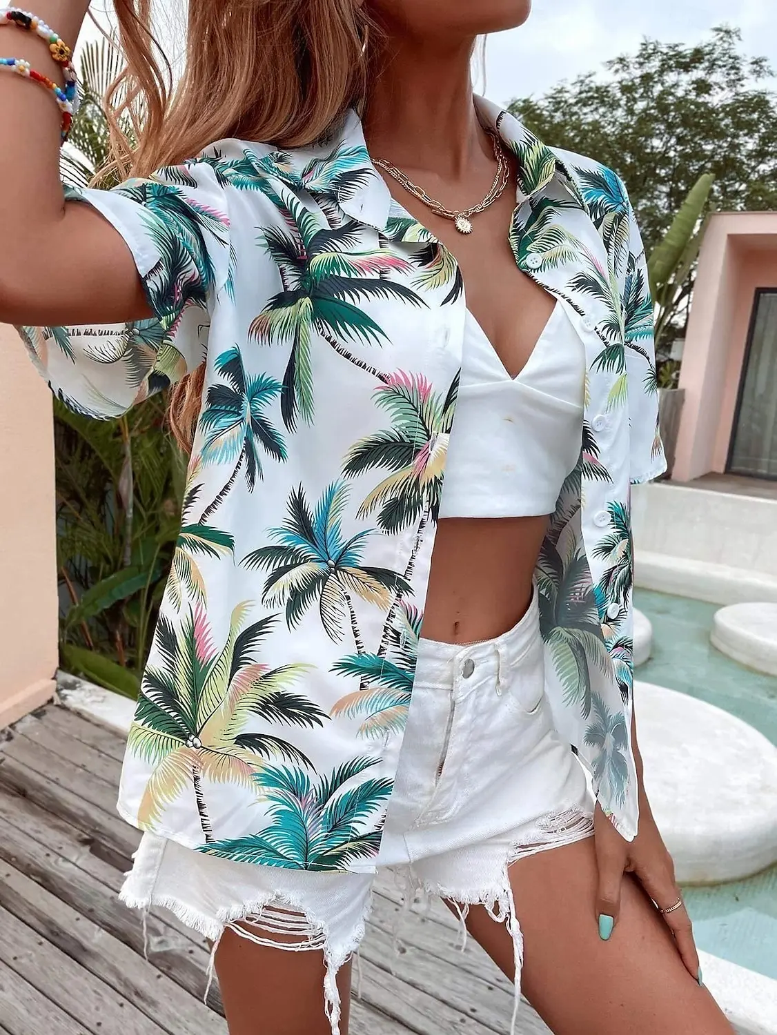 Women's Fashion Shirt Summer Short Sleeve 3D Printed Coconut Tree Pattern Print Street Tie Dye Ladies Casual Shirt