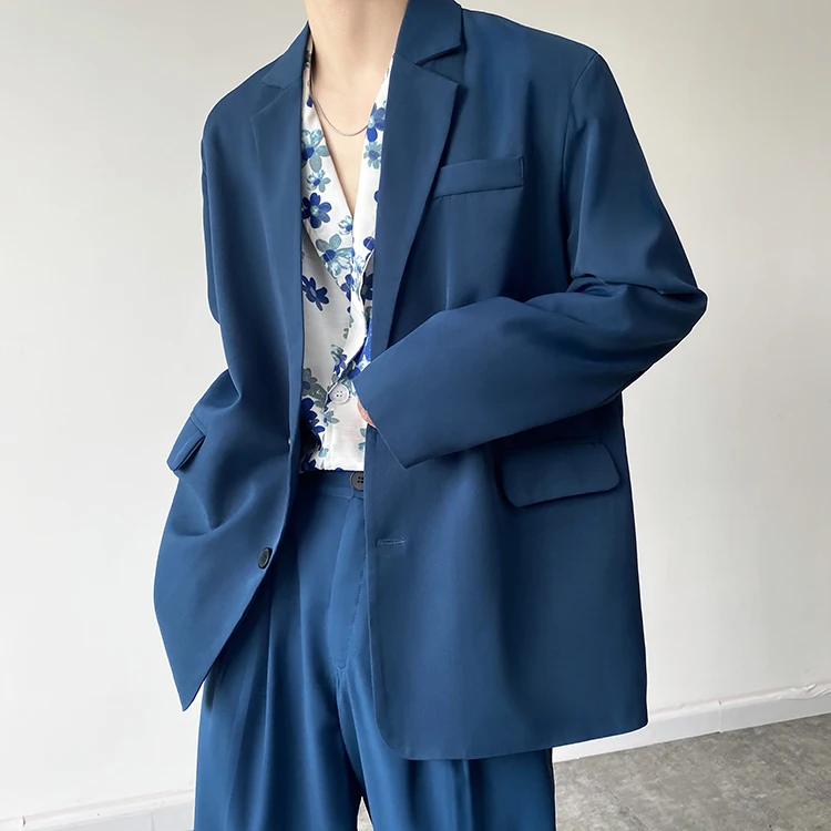 Blazer Men Korean Style Vintage Fashion Casual Loose Simple Blue Blazer Suit Coat Man Streetwear Office Trend Blazer Jacket
