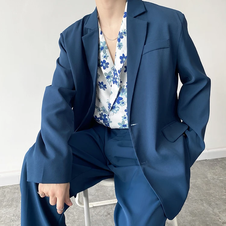 Blazer Men Korean Style Vintage Fashion Casual Loose Simple Blue Blazer Suit Coat Man Streetwear Office Trend Blazer Jacket