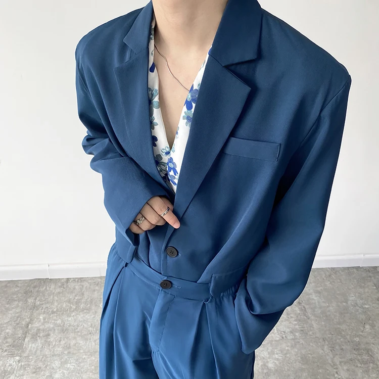Blazer Men Korean Style Vintage Fashion Casual Loose Simple Blue Blazer Suit Coat Man Streetwear Office Trend Blazer Jacket