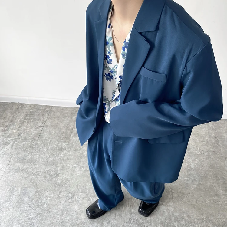 Blazer Men Korean Style Vintage Fashion Casual Loose Simple Blue Blazer Suit Coat Man Streetwear Office Trend Blazer Jacket