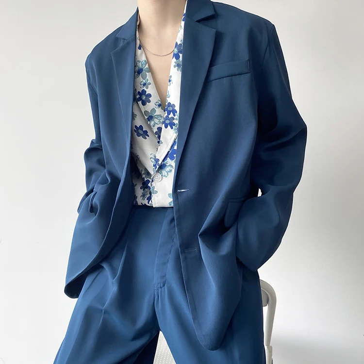 Blazer Men Korean Style Vintage Fashion Casual Loose Simple Blue Blazer Suit Coat Man Streetwear Office Trend Blazer Jacket