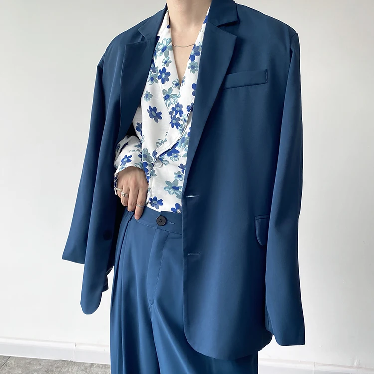 Blazer Men Korean Style Vintage Fashion Casual Loose Simple Blue Blazer Suit Coat Man Streetwear Office Trend Blazer Jacket