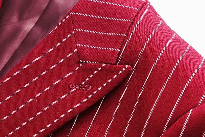 Fashion Men Double Breasted Striped Suit 2 Piece Black / Wine Red Homme Business Social Wedding Party Blazers and Trousers