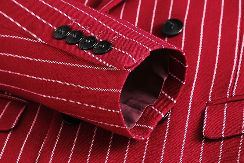 Fashion Men Double Breasted Striped Suit 2 Piece Black / Wine Red Homme Business Social Wedding Party Blazers and Trousers