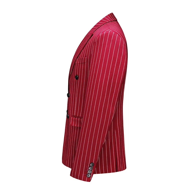 Fashion Men Double Breasted Striped Suit 2 Piece Black / Wine Red Homme Business Social Wedding Party Blazers and Trousers