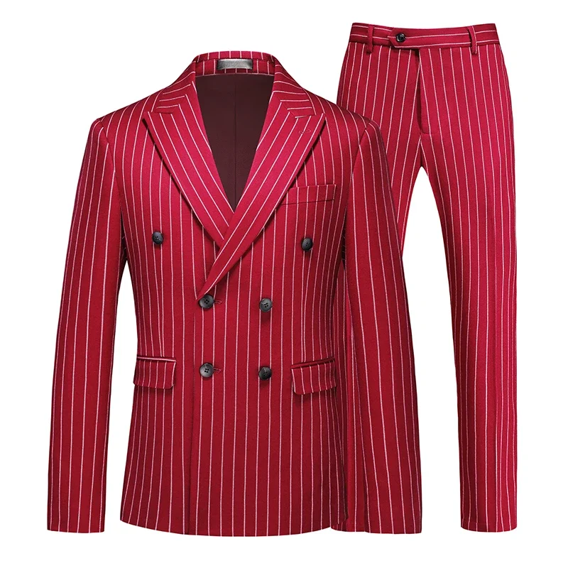 Fashion Men Double Breasted Striped Suit 2 Piece Black / Wine Red Homme Business Social Wedding Party Blazers and Trousers