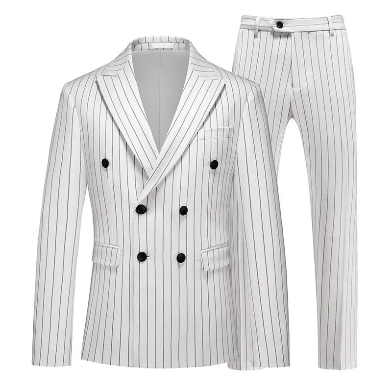 Fashion Men Double Breasted Striped Suit 2 Piece Black / Wine Red Homme Business Social Wedding Party Blazers and Trousers