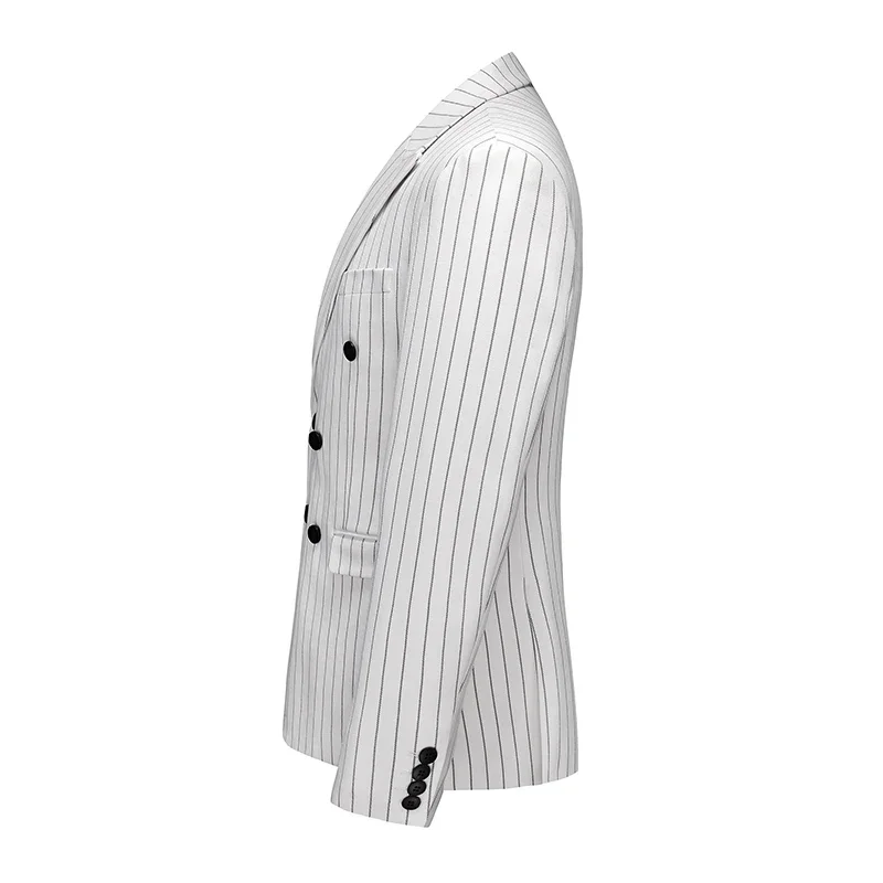 Fashion Men Double Breasted Striped Suit 2 Piece Black / Wine Red Homme Business Social Wedding Party Blazers and Trousers