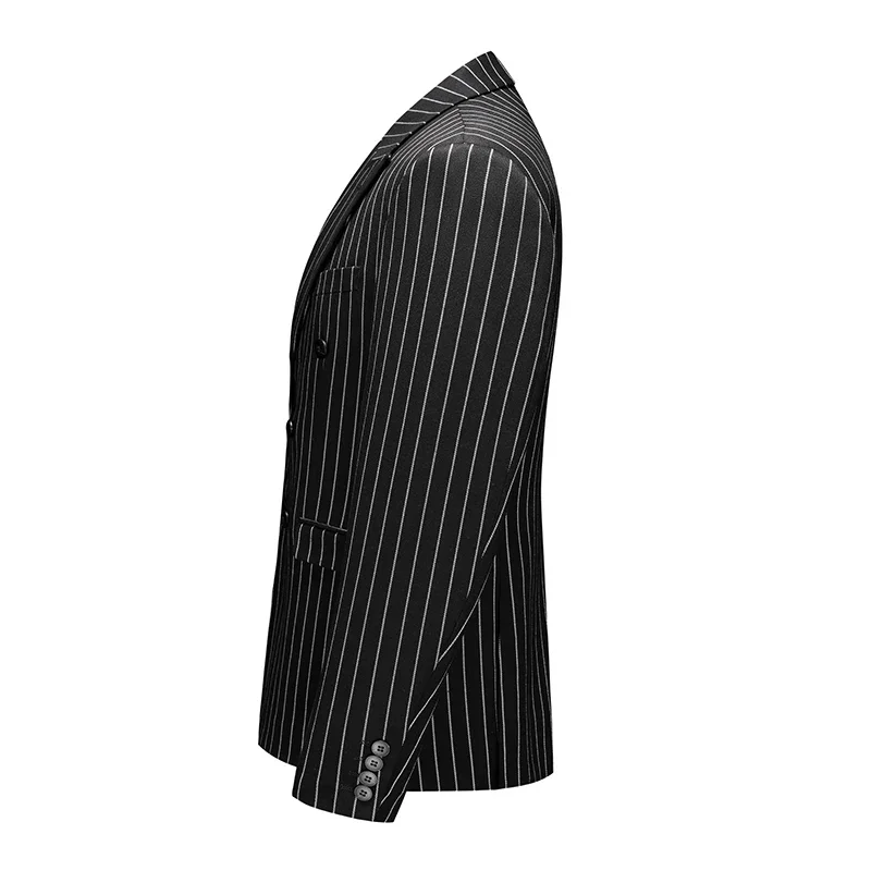 Fashion Men Double Breasted Striped Suit 2 Piece Black / Wine Red Homme Business Social Wedding Party Blazers and Trousers