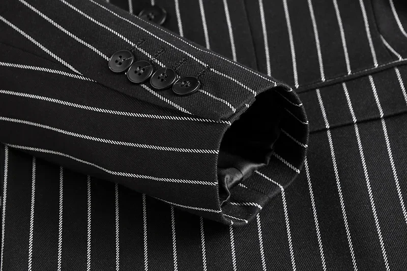 Fashion Men Double Breasted Striped Suit 2 Piece Black / Wine Red Homme Business Social Wedding Party Blazers and Trousers