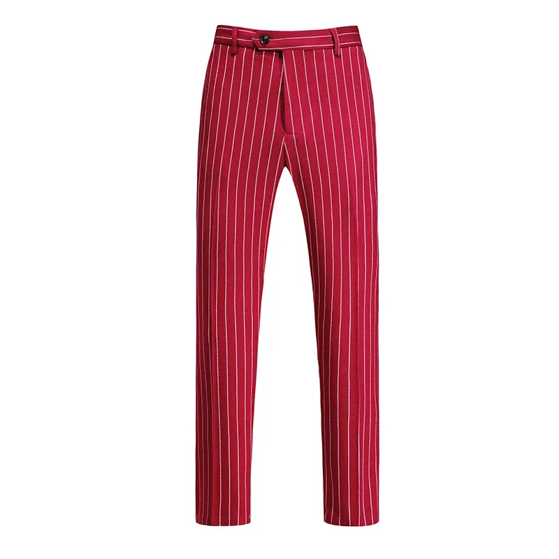 Fashion Men Double Breasted Striped Suit 2 Piece Black / Wine Red Homme Business Social Wedding Party Blazers and Trousers