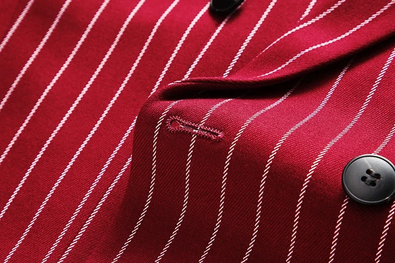 Fashion Men Double Breasted Striped Suit 2 Piece Black / Wine Red Homme Business Social Wedding Party Blazers and Trousers