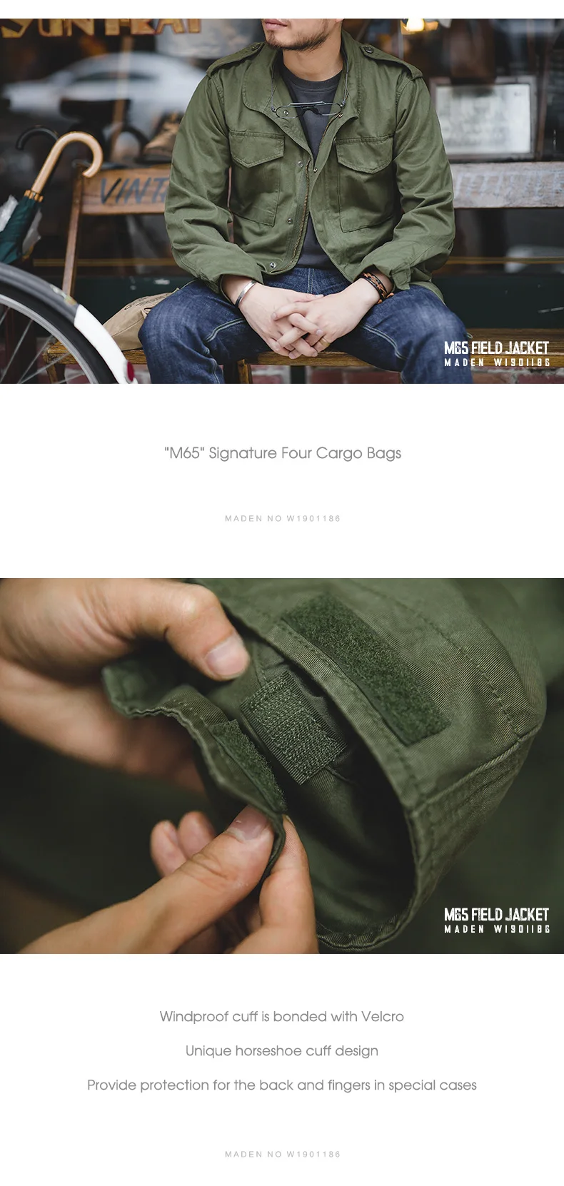 Maden M65 Vintage Coat Parka Cotton Standard Conventional Size Multi Pocket Slim Green Field Jacket for Men's Spring and  Autumn