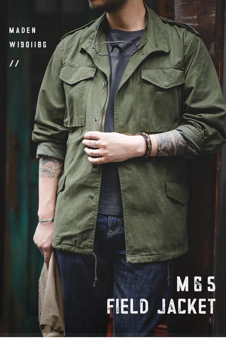 Maden M65 Vintage Coat Parka Cotton Standard Conventional Size Multi Pocket Slim Green Field Jacket for Men's Spring and  Autumn