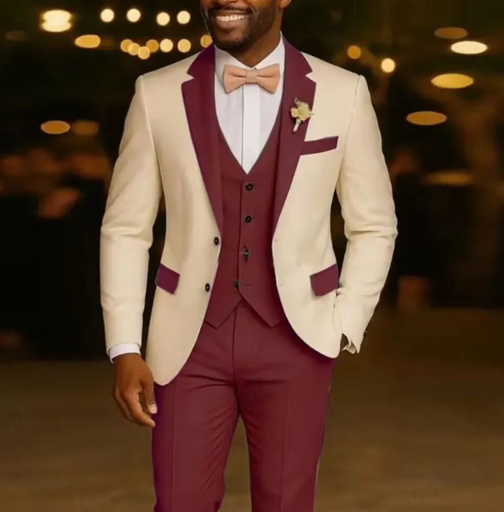 Wedding Men Suits 2 Pieces Notched Lapel Single Breasted Prom Suit for Man Tuxedo Slim Fit Blzer Jacket+Vest+Pants Customized