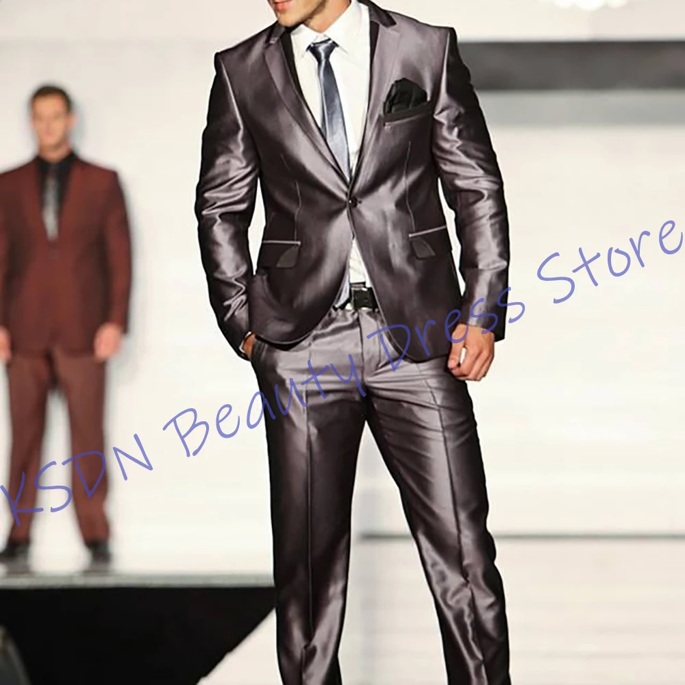 Tailored Men's Shiny Gray Suit Slim-Fit 2-Piece (Jacket+Pants) Set Stylish Elegant Blazer Formal Evening Party Satin Attire