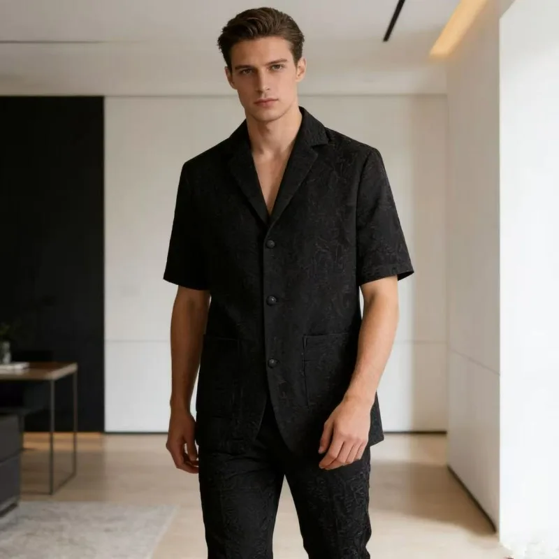 KIDWHXR Summer Man Suit Set Korean Thin Slim Short Sleeve Male 2-piece Outfit Men Single-breasted Blazer Elastic Waist Pant