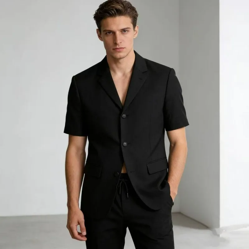 KIDWHXR Summer Man Suit Set Korean Thin Slim Short Sleeve Male 2-piece Outfit Men Single-breasted Blazer Elastic Waist Pant
