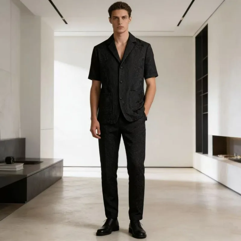 KIDWHXR Summer Man Suit Set Korean Thin Slim Short Sleeve Male 2-piece Outfit Men Single-breasted Blazer Elastic Waist Pant