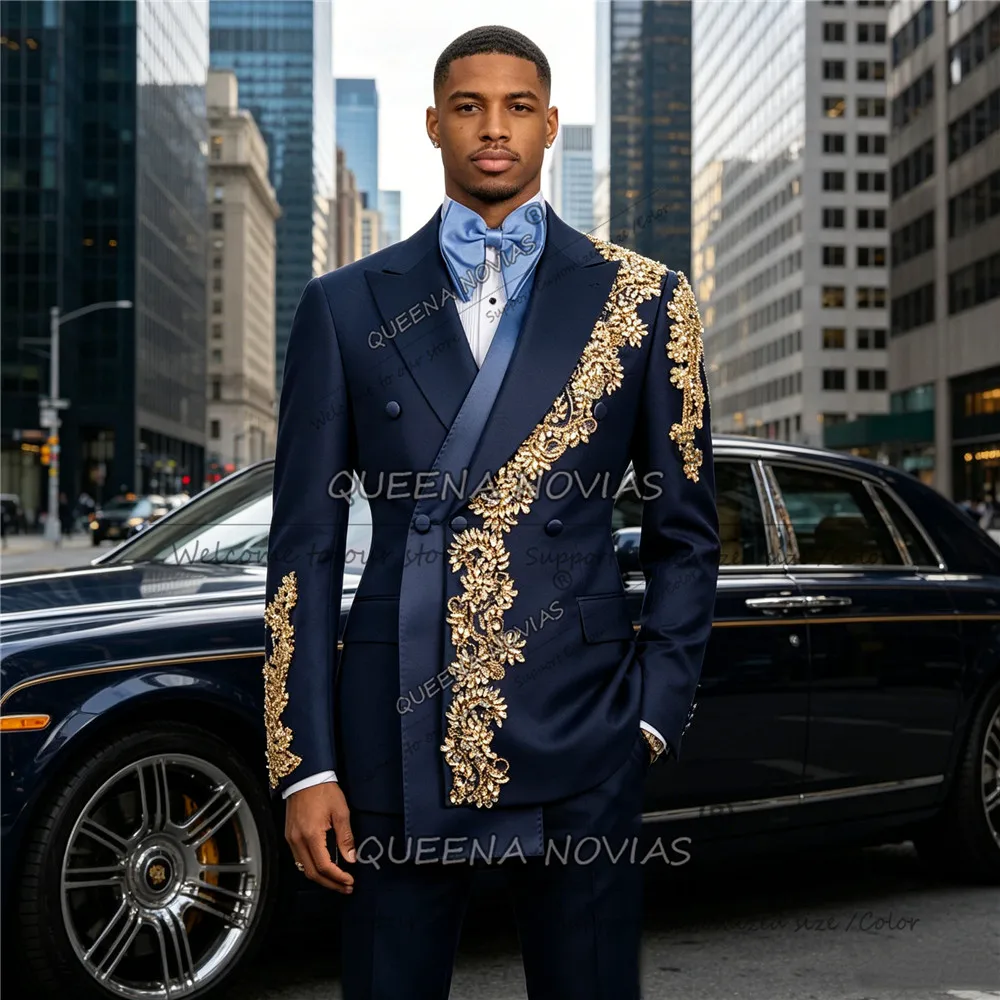 Luxury Men Suits Peaked Lapel Blazer 2 Pieces Set Tailor-Made Double Breasted Jacket Pants Customized Man Banquet Party Outfits